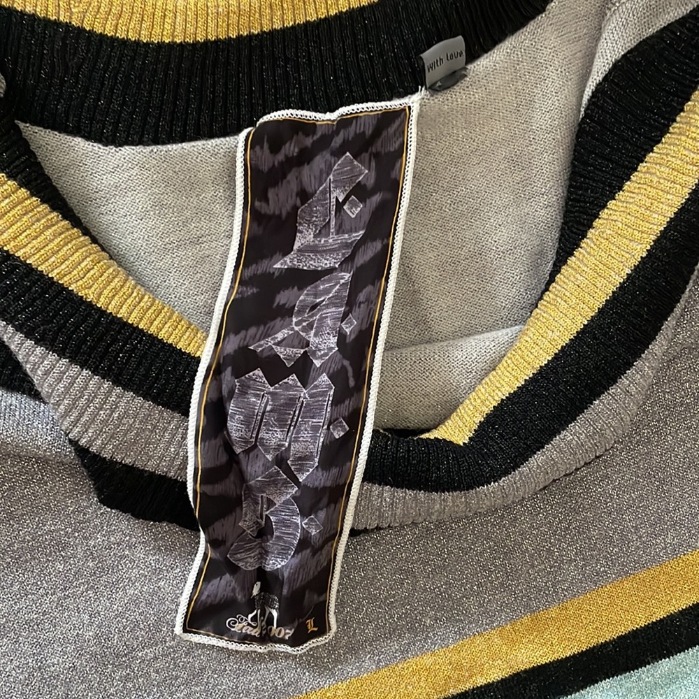 Striped Metallic Knit Off-Shoulder Dress in Yellow & Silver - Picture 3 of 10